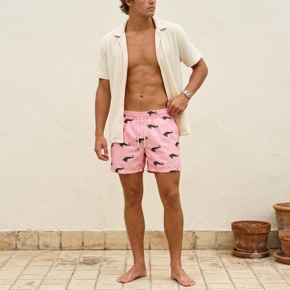 OAS Mens Swim Trunks Large Pink Alligator Print Mesh Lined Drawstring Tropical